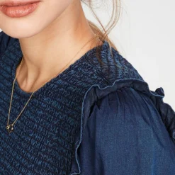 Madewell Robe Indigo Ruffle Neck Smocked Babydoll